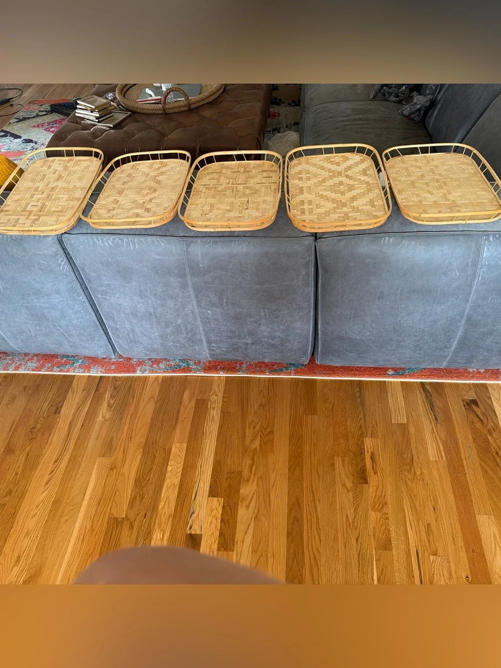 Vintage Set Of 5 Bo Ho Bamboo Wicker Rattan Lap TV Serving Trays MCM Ex Cond